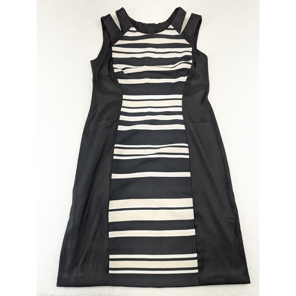 Dressbarn Women's Black White Striped Sheath Dress Sleeveless Bodycon 10